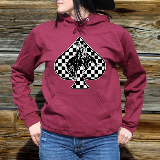 Spade Bucking Horse Black & White Checkered Maroon Graphic Hoodie
